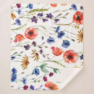 Manta Sherpa Flores silvestres Acuarela Poppy Fondo Chamomile