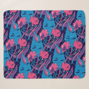 Manta Sherpa Flores Silvestres Tropicales Azules Rosadas Modern