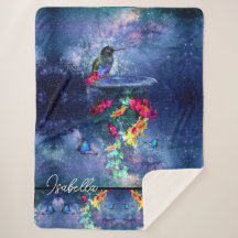 Flores tropicales, colibrí, mariposa y estrellas