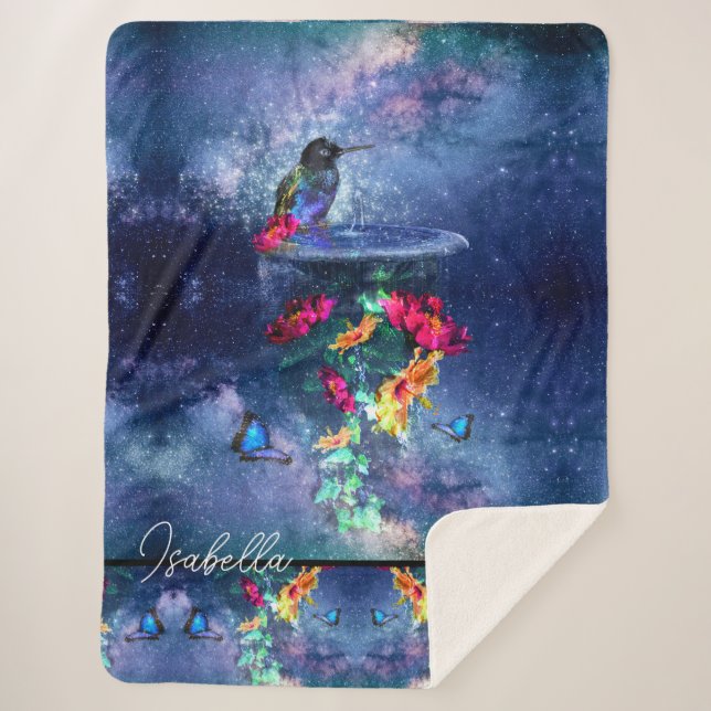 Manta Sherpa Flores tropicales, colibrí, mariposa y estrellas (Anverso)