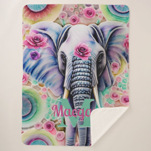 Manta Sherpa Flores y elefante nombre personalizado acuarela