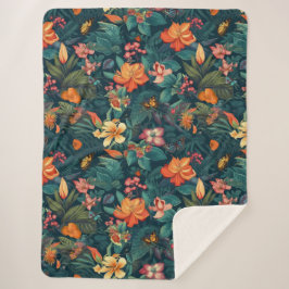 Manta Sherpa Flores y hojas tropicales con mariposas