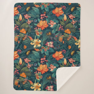 Manta Sherpa Flores y hojas tropicales con mariposas