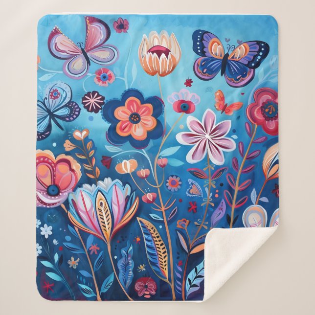 Manta Sherpa Flores y mariposas coloridas Sherpa Blanket (Anverso)