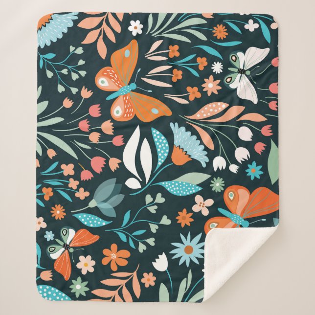 Manta Sherpa Flores y mariposas, patatas sin costura decorativa (Anverso)