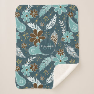 Manta Sherpa florido feathery verde azulado turquesa boho marró