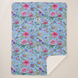 Manta Sherpa Floriografía en blanco Sherpa Azul