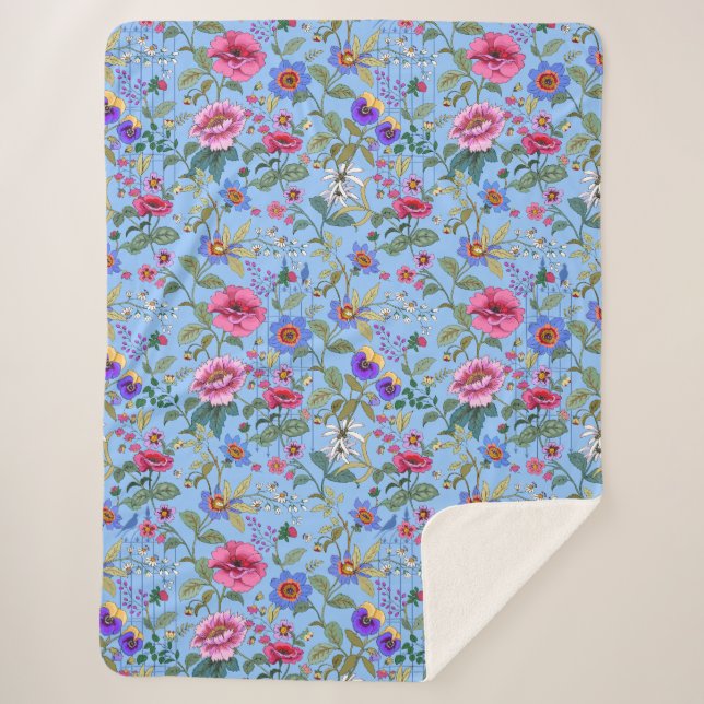 Manta Sherpa Floriografía en blanco Sherpa Azul (Anverso)