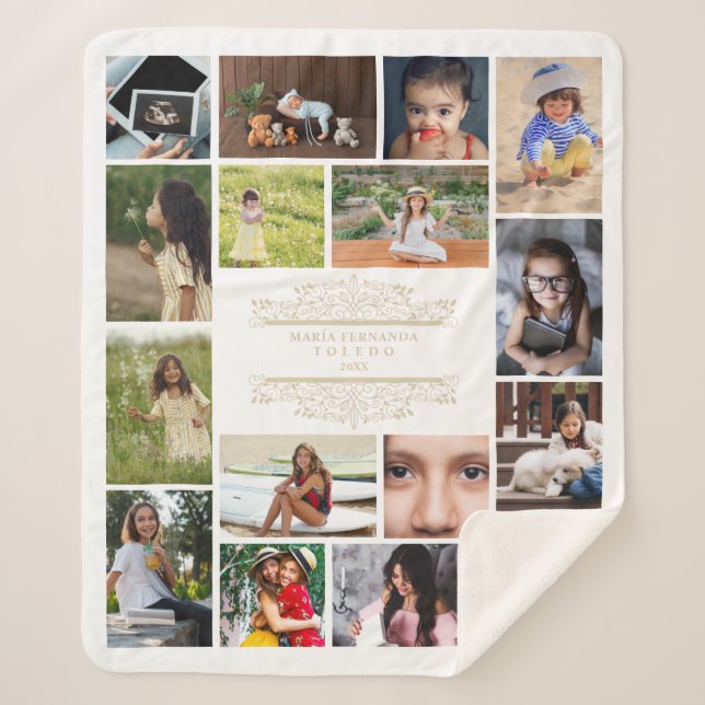 Manta Sherpa Flourish Collage 16 Photos Timeline Life XV Años (Anverso)