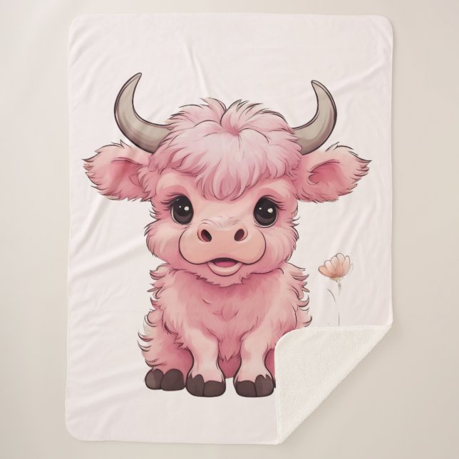 Manta Sherpa Fluffy Pink Highlands Scottish Cow (Anverso)