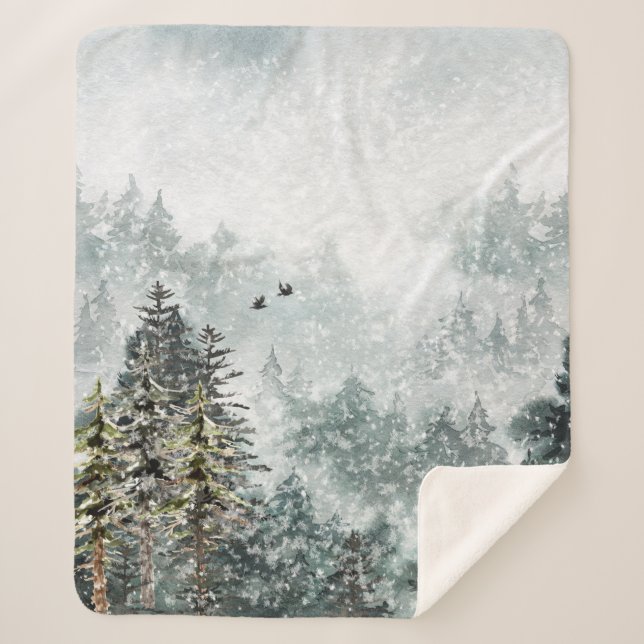 Manta Sherpa Foggy Mountain Snowy Winter Woodland Forest Ravens (Anverso)