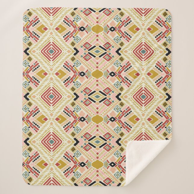 Manta Sherpa Folclore geométrico Ikat, patrón damasco oriental. (Anverso)