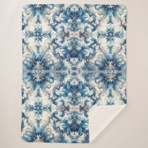 Manta Sherpa Foliage Decorativo Azul Y Blanco