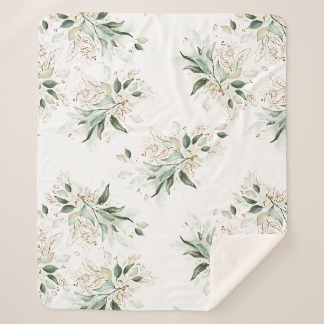 Manta Sherpa Follaje verde dorado elegante blanco romántico (Anverso)