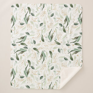 Manta Sherpa Follaje verde dorado elegante blanco romántico