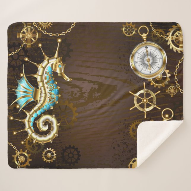 Manta Sherpa Fondo de madera con caballito de mar mecánico (Anverso (horizontal))