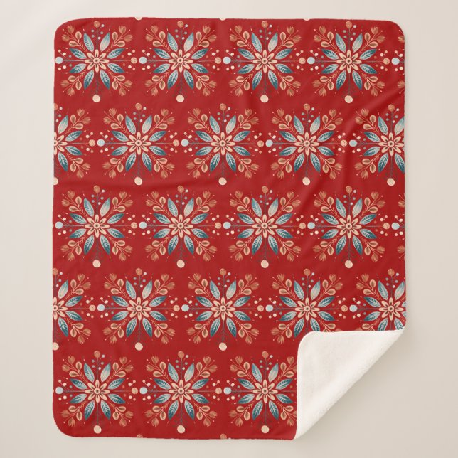 Manta Sherpa Fondo Rojo Escandinavo Folk Snowflake (Anverso)