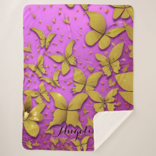 Manta Sherpa Fondo rosado de las mariposas Purpurinas de oro