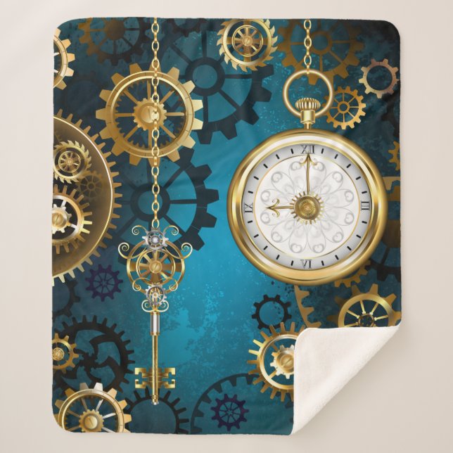 Manta Sherpa Fondo turquesa de vapor con engranajes (Anverso)