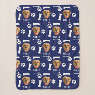 Manta Sherpa Foto de perro personalizada y nombre azul marino