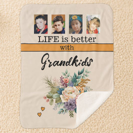 Manta Sherpa Fotos personalizadas de 4 nietos flores naranja