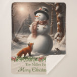 Manta Sherpa Fox Snowman Vintage Christmas<br><div class="desc">Acurrucarse el día de invierno con este impresionante Sherpa Blanket,  Navidades de Fox y Snowman. ¡Personaliza con ese nombre especial! Una preciosa acuarela creada a partir de una deliciosa representación de IA. ¡Creando recuerdos duraderos sólo para ti desde Up On the Mountain!</div>