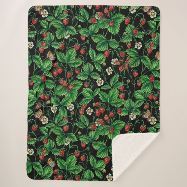 Manta Sherpa Fresas silvestres en negro (Anverso)