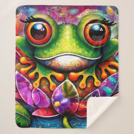 Manta Sherpa Frog Whimsical Abstract Pintura Art Floral Verde