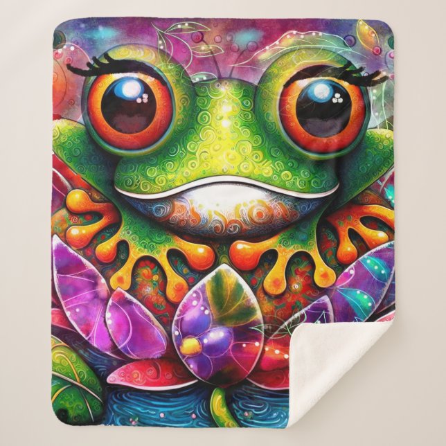 Manta Sherpa Frog Whimsical Abstract Pintura Art Floral Verde (Anverso)