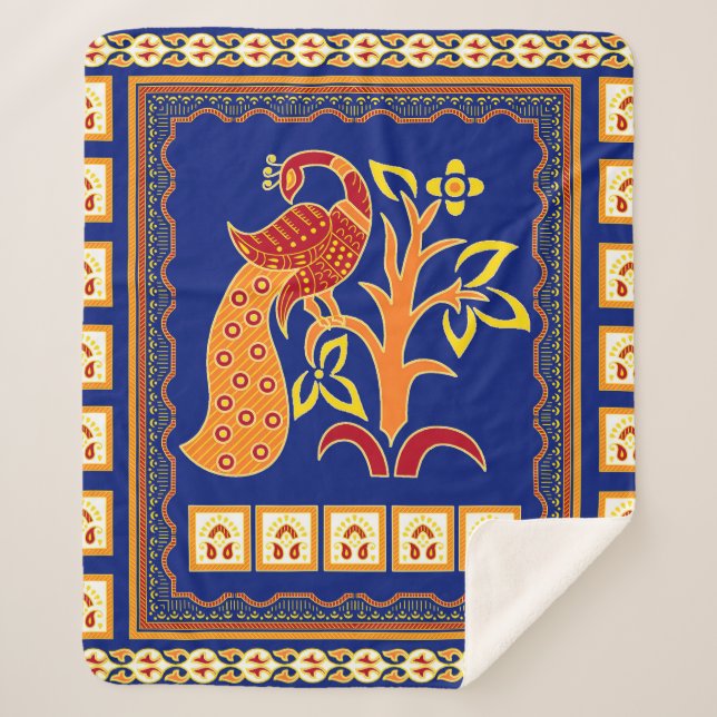 Manta Sherpa Frontera india tradicional sin mar con pavo real (Anverso)