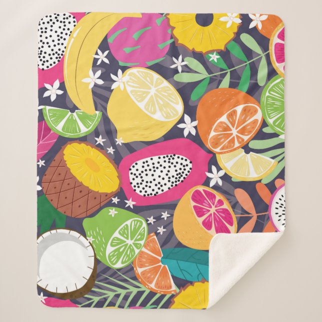 Manta Sherpa Frutas tropicales exóticas Fondo oscuro (Anverso)
