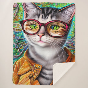 Manta Sherpa Funky Retro Cute gato con artículos de vidrio