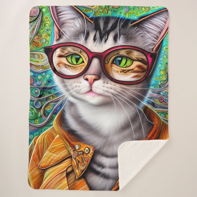 Manta Sherpa Funky Retro Cute gato con artículos de vidrio (Anverso)
