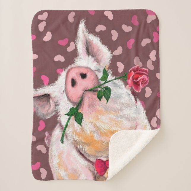 Manta Sherpa Funny Sherpa Blanket Gentleman Pig con Rosa (Anverso)