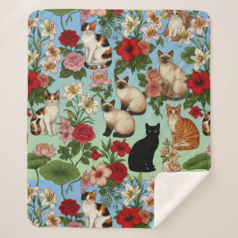 Manta Sherpa Garden Companions – Floral Cats in Bloom