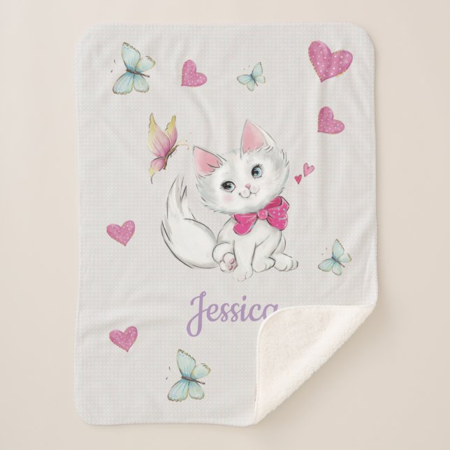 Manta Sherpa Gatito blanco lindo con la mariposa en pastel (Anverso)