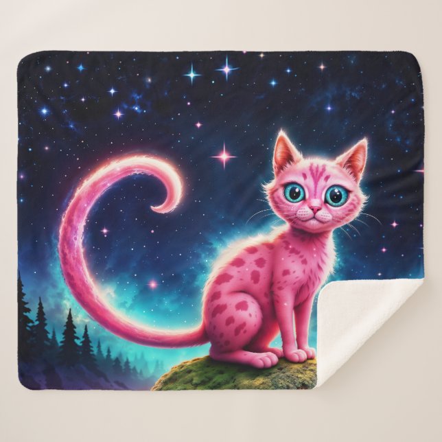 Manta Sherpa Gato brillante caprichoso, ojos azules de cola lar (Anverso (horizontal))