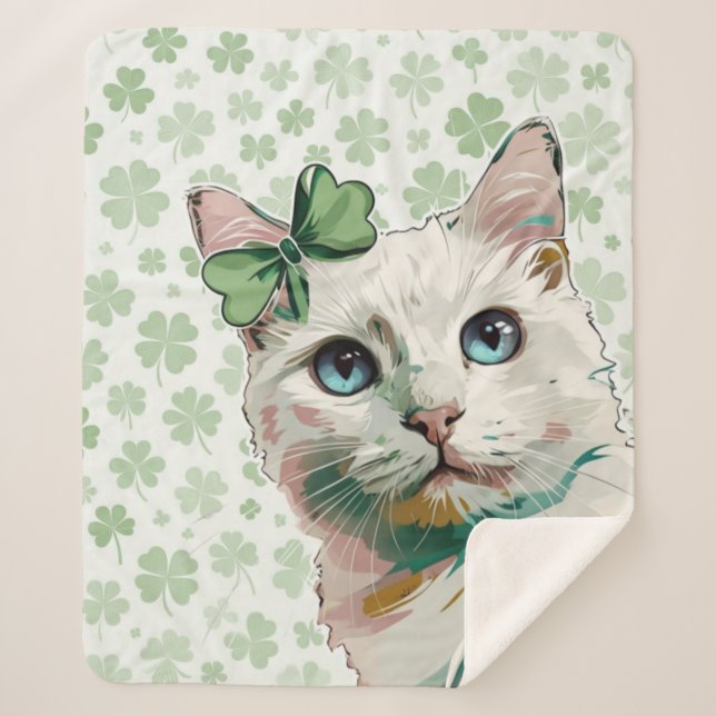 Manta Sherpa Gato de Shamrock con ojos azules (Anverso)