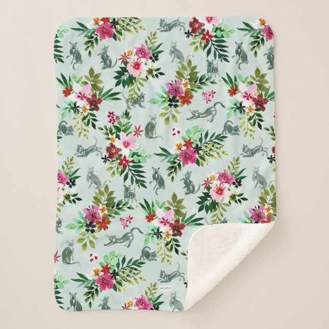 Manta Sherpa Gato floral tropical de bonito KITTY (Anverso)