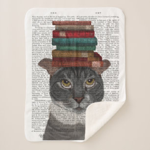 Manta Sherpa Gato gris con libros en la cabeza
