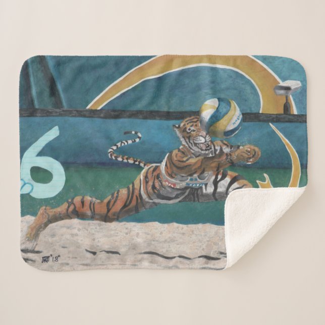 Manta Sherpa Gato Guerrero Voleibol Fantasía Art Sherpa Blanket (Anverso (horizontal))