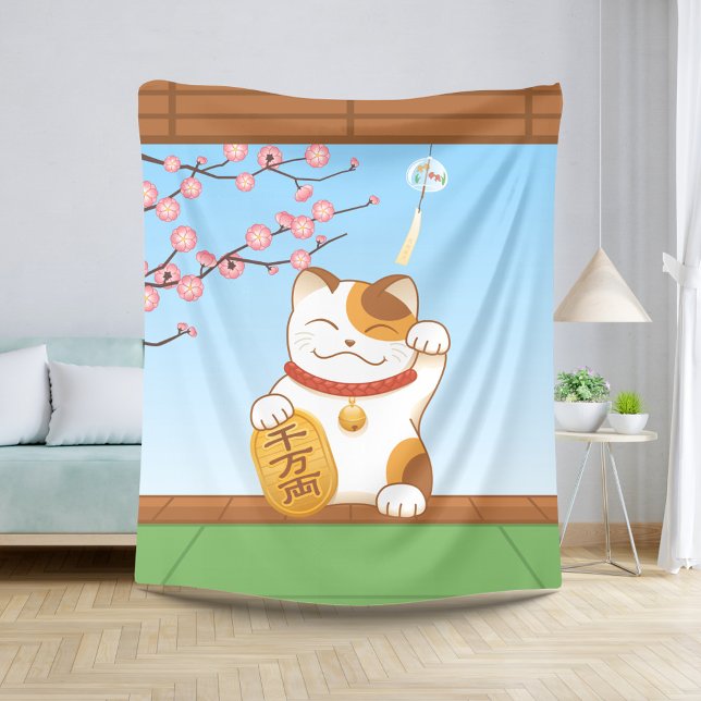 Manta Sherpa Gato japonés con suerte de calico, Maneki Neko (Subido por el creador)