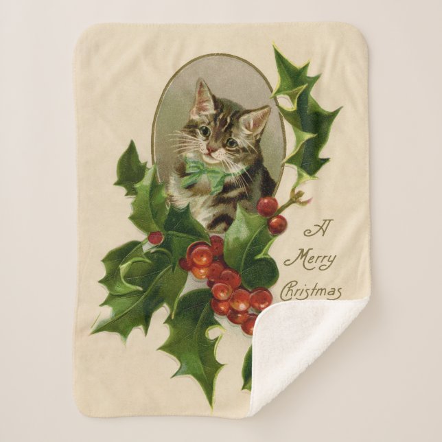 Manta Sherpa Gato Navidades Merry Holly Kitten Arte Antiguo (Anverso)