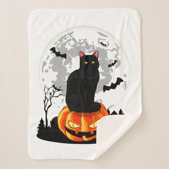 Manta Sherpa Gato negro en la camiseta de la calabaza - Hallowe (Anverso)