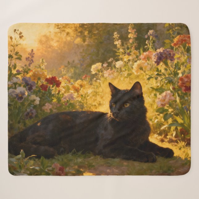 Manta Sherpa Gato Negro en las Flores I (Anverso (horizontal))