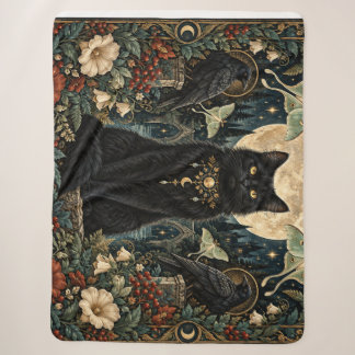 Manta Sherpa Gato Negro Gótico Celestial con Luna y Cuervos.