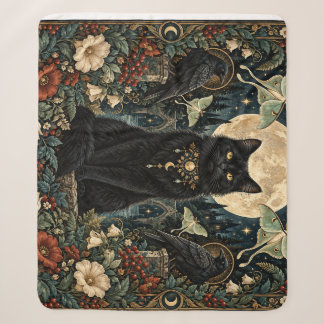 Manta Sherpa Gato Negro Gótico Celestial con Luna y Cuervos.