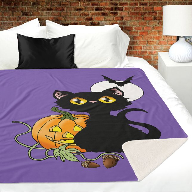 Manta Sherpa Gato negro morado de la Calabaza de Halloween (Subido por el creador)