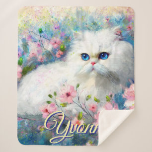 Manta Sherpa Gato Persa Ojos Azules en Flores Rosas Personaliza