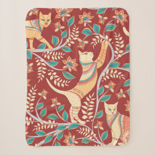 Manta Sherpa Gatos con adornos, ramas con flores y hojas
